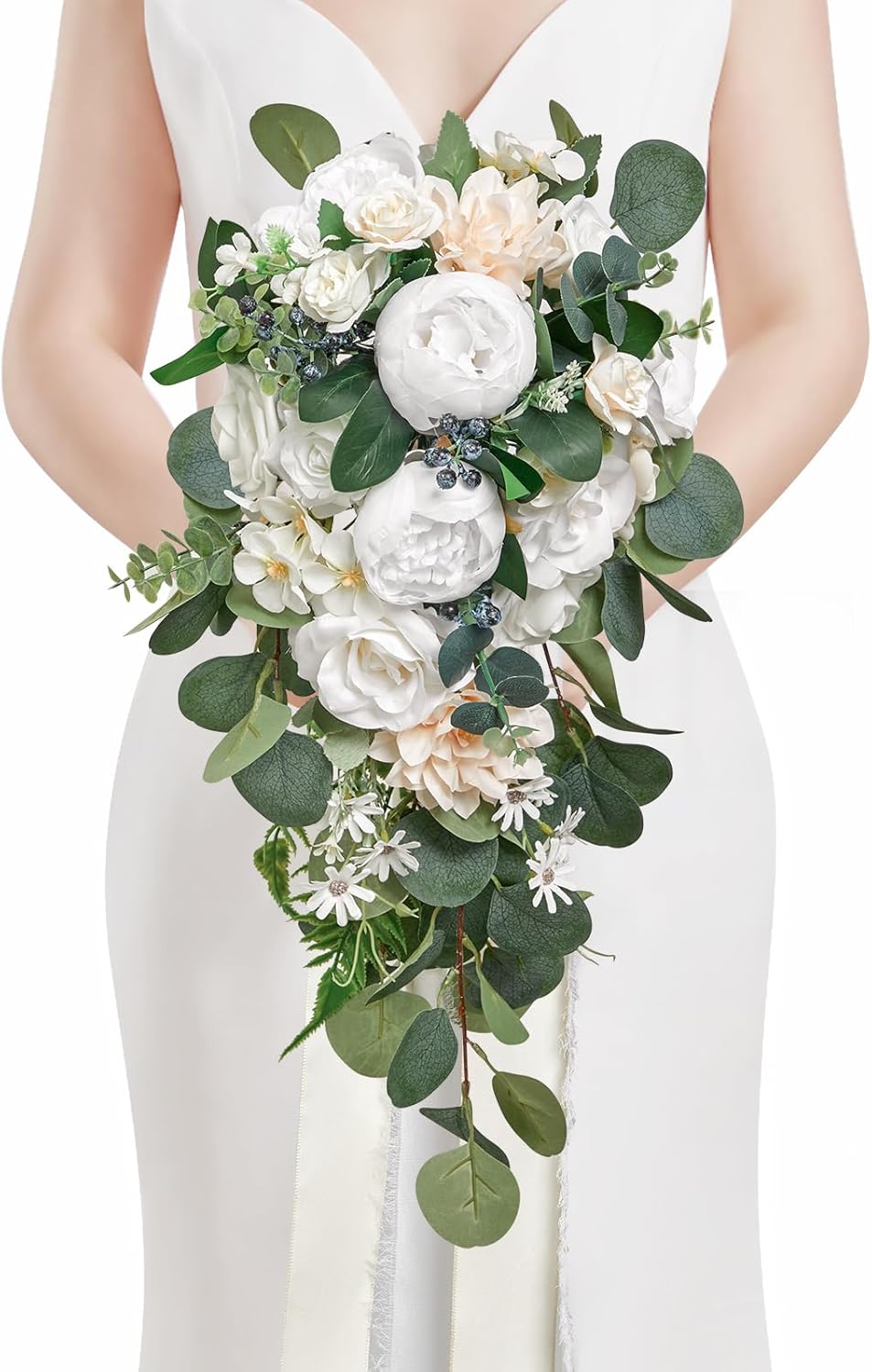 Serwalin 9.8in Wedding Bouquets for Bride, Boho Champagne Roses & Dahlia Flowers for Wedding Decoration