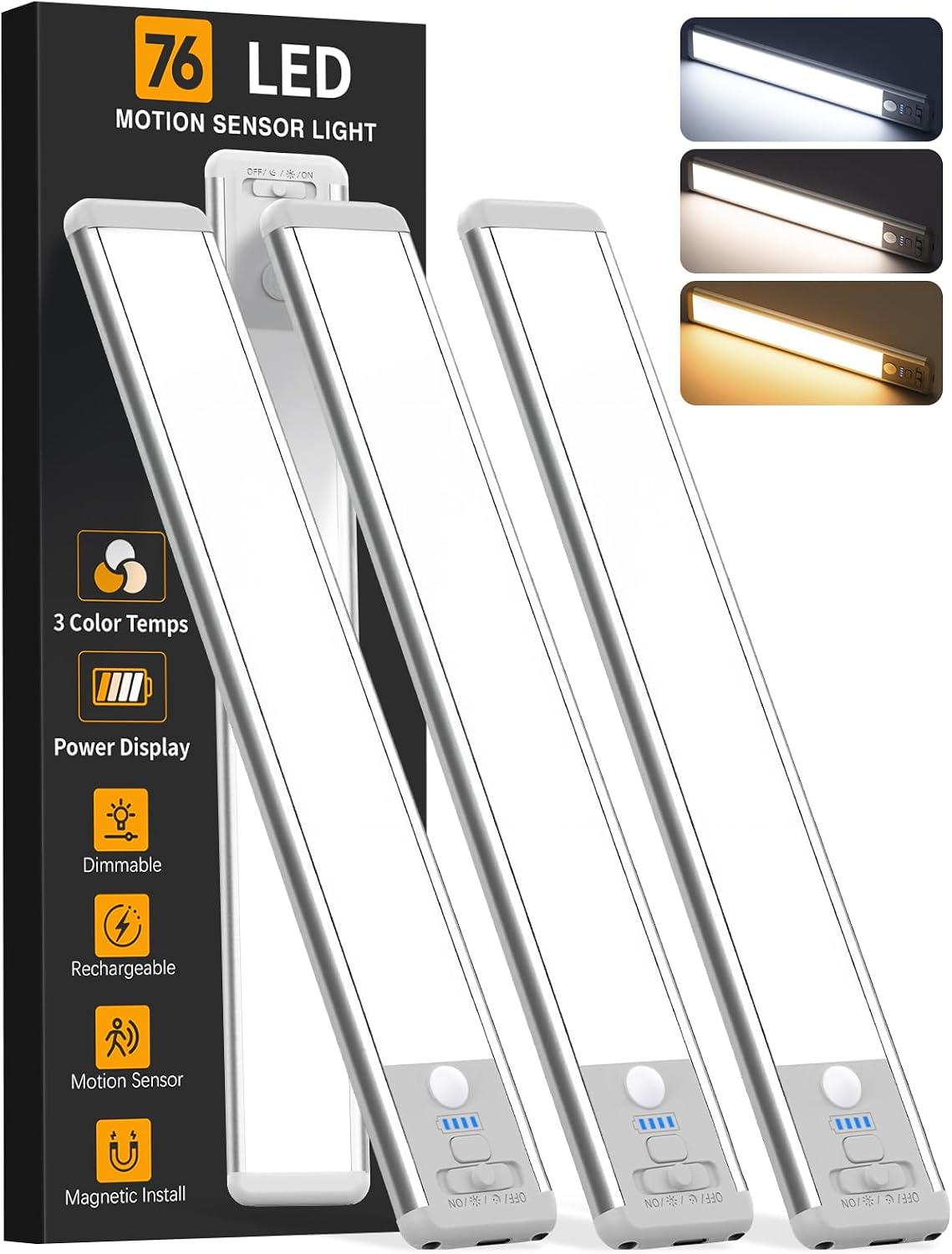 Wireless Under Cabinet Lighting - 10 Inch Motion Sensor LED Lights, 3-Pack
