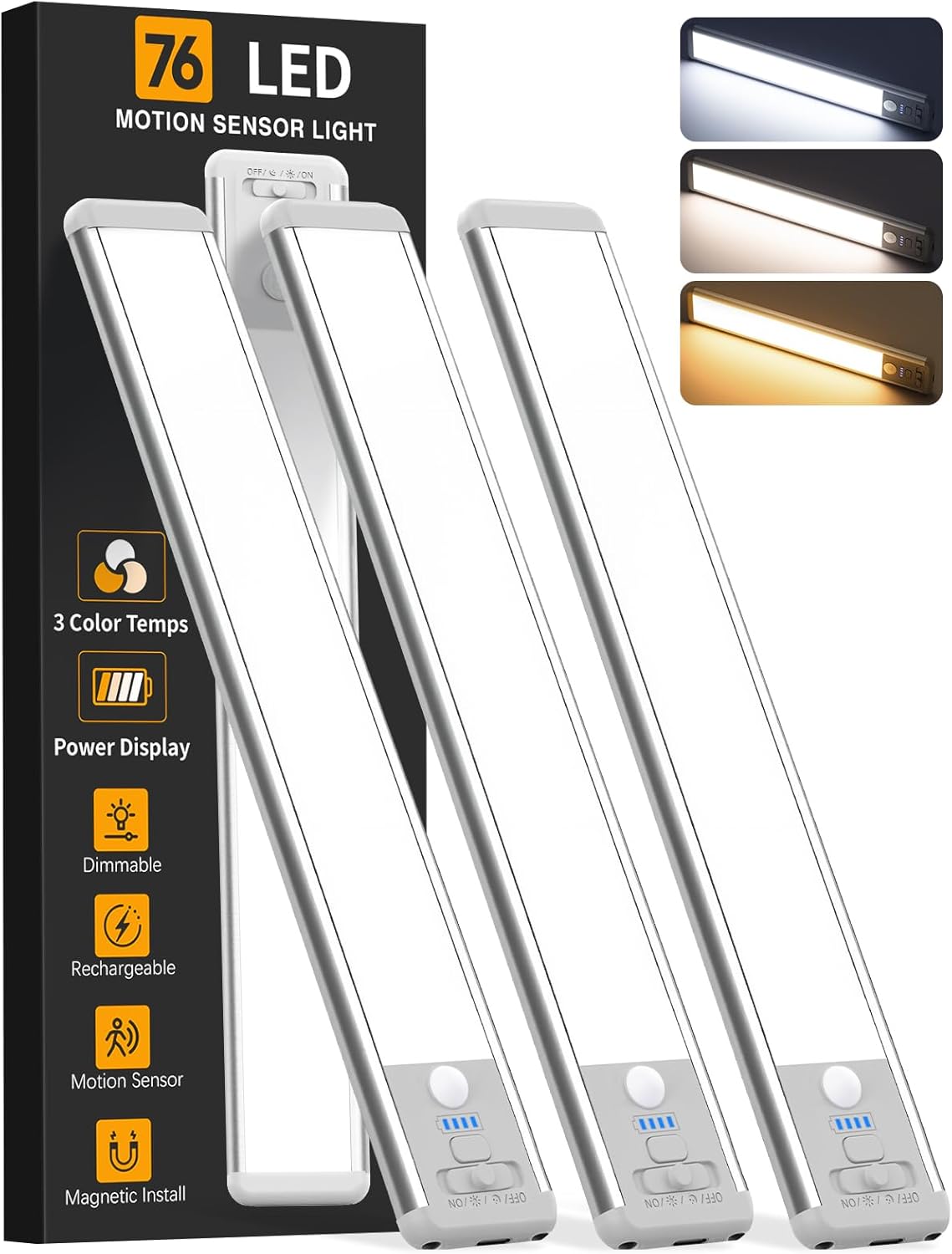 Wireless Under Cabinet Lighting - 10 Inch Motion Sensor LED Lights, 3-Pack