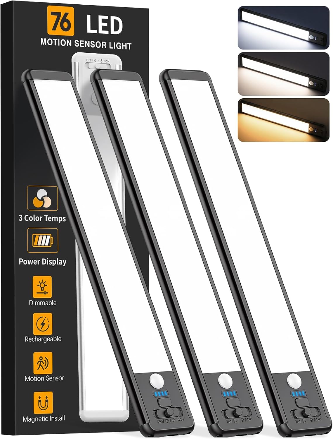 Wireless Under Cabinet Lighting - 10 Inch Motion Sensor LED Lights, 3-Pack