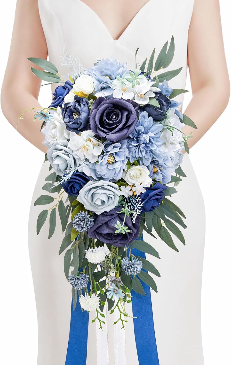 Serwalin 9.8in Wedding Bouquets for Bride, Boho Champagne Roses & Dahlia Flowers for Wedding Decoration