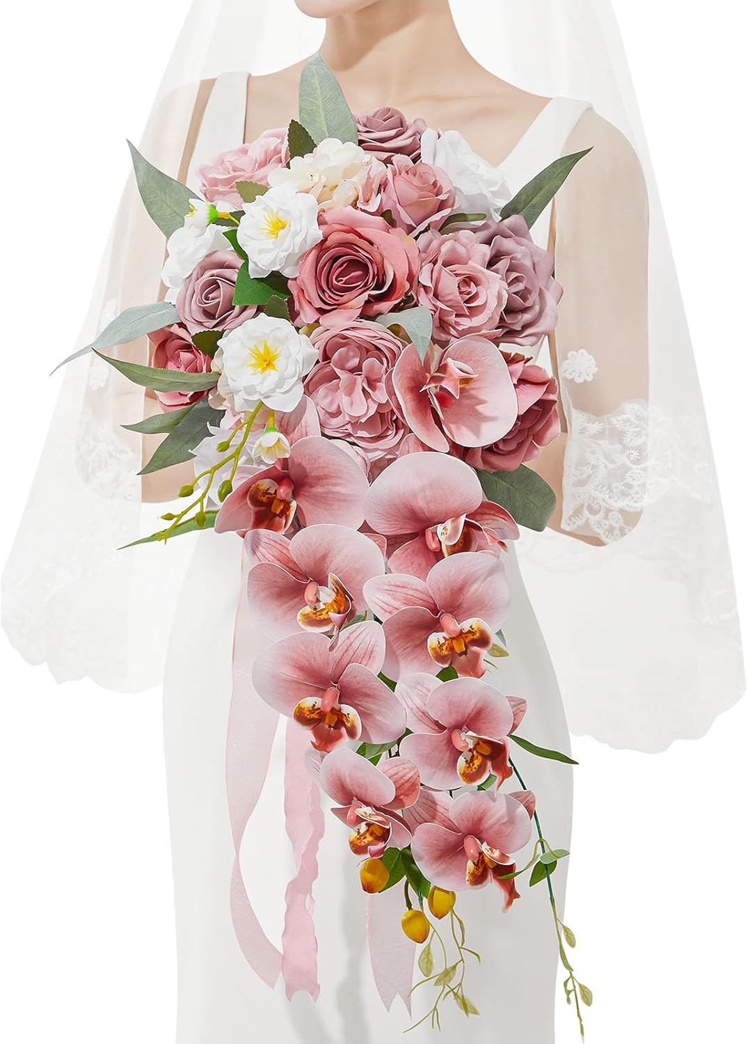 Serwalin 9.8in Wedding Bouquets for Bride, Boho Champagne Roses & Dahlia Flowers for Wedding Decoration