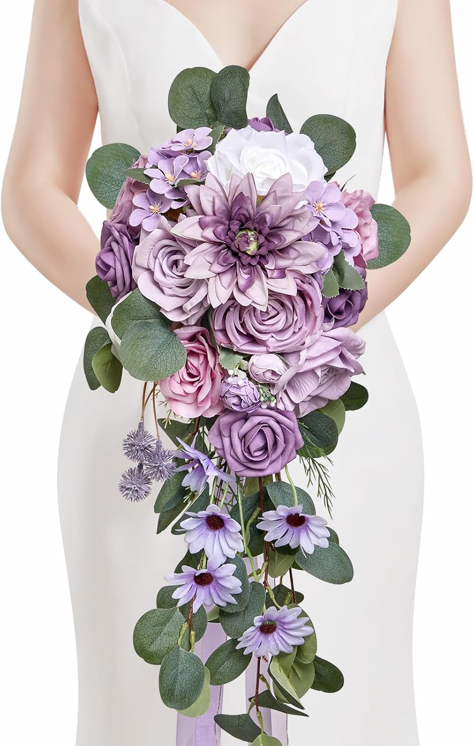 Serwalin 9.8in Wedding Bouquets for Bride, Boho Champagne Roses & Dahlia Flowers for Wedding Decoration