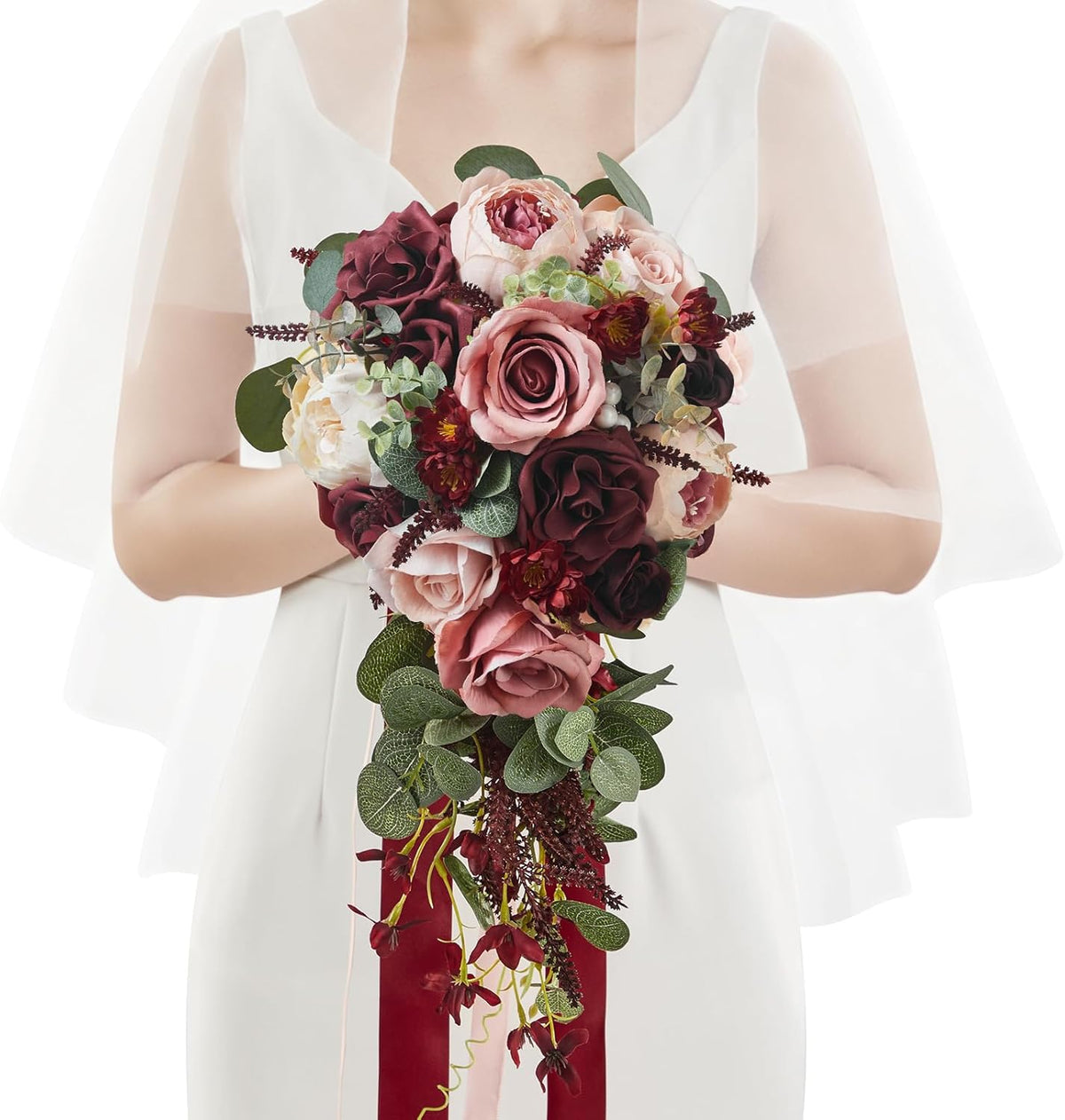 Serwalin 9.8in Wedding Bouquets for Bride, Boho Champagne Roses & Dahlia Flowers for Wedding Decoration