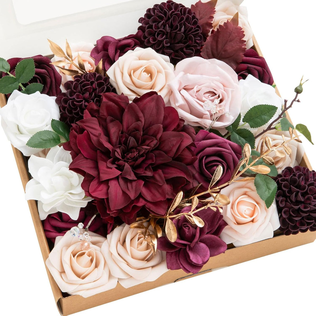 Ling's moment Fake Flowers Box, Faux Artificial Greenery Stems Foam Roses Dahlia Silk Peonies Eucalyptus Fabic Flower for Centerpieces Bouquet Wedding Vase, Dusty Rose & Burgundy, Deluxe Combo
