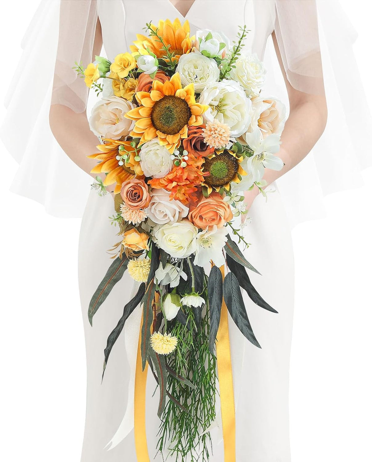 Serwalin 9.8in Wedding Bouquets for Bride, Boho Champagne Roses & Dahlia Flowers for Wedding Decoration