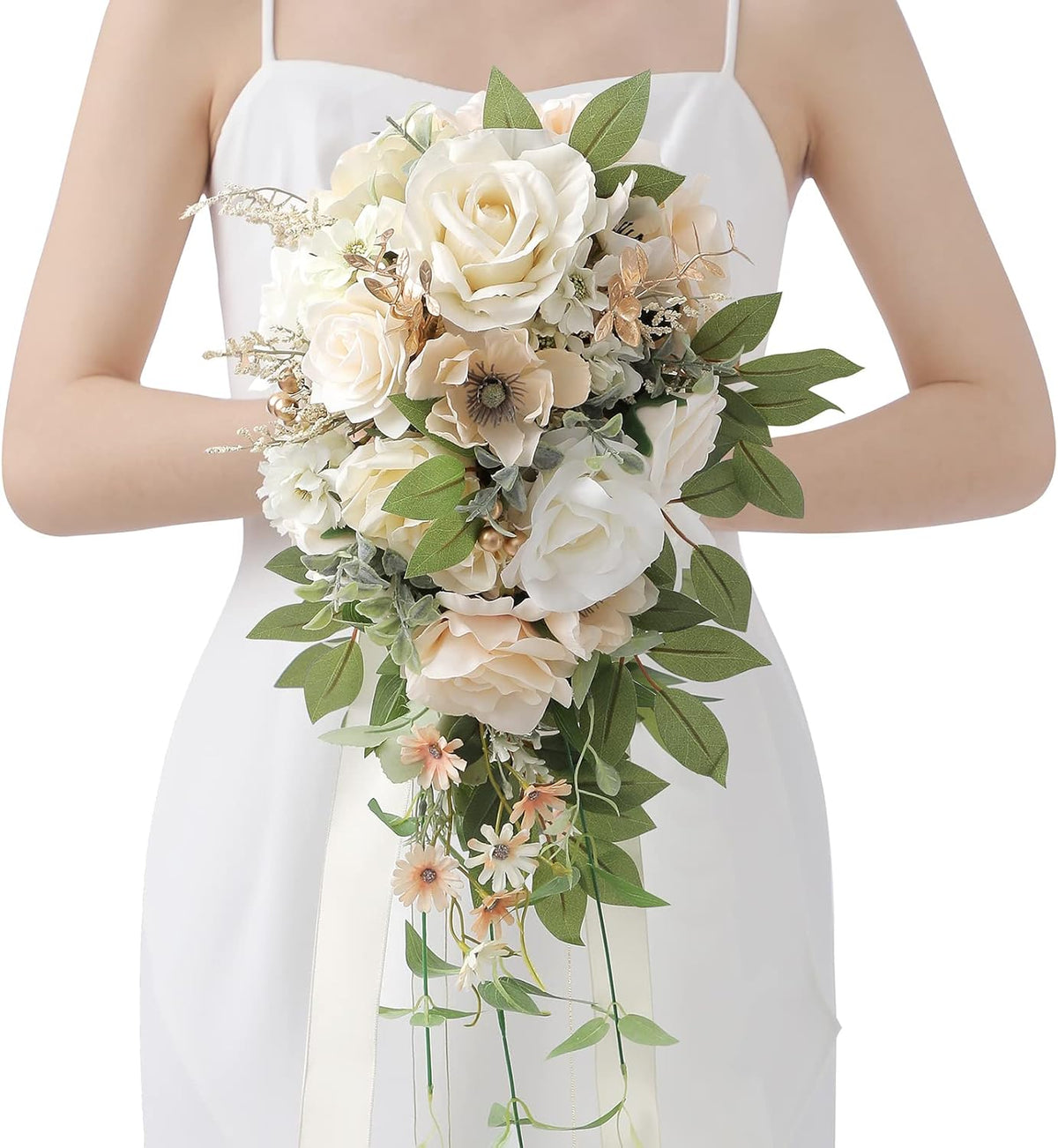 Serwalin 9.8in Wedding Bouquets for Bride, Boho Champagne Roses & Dahlia Flowers for Wedding Decoration