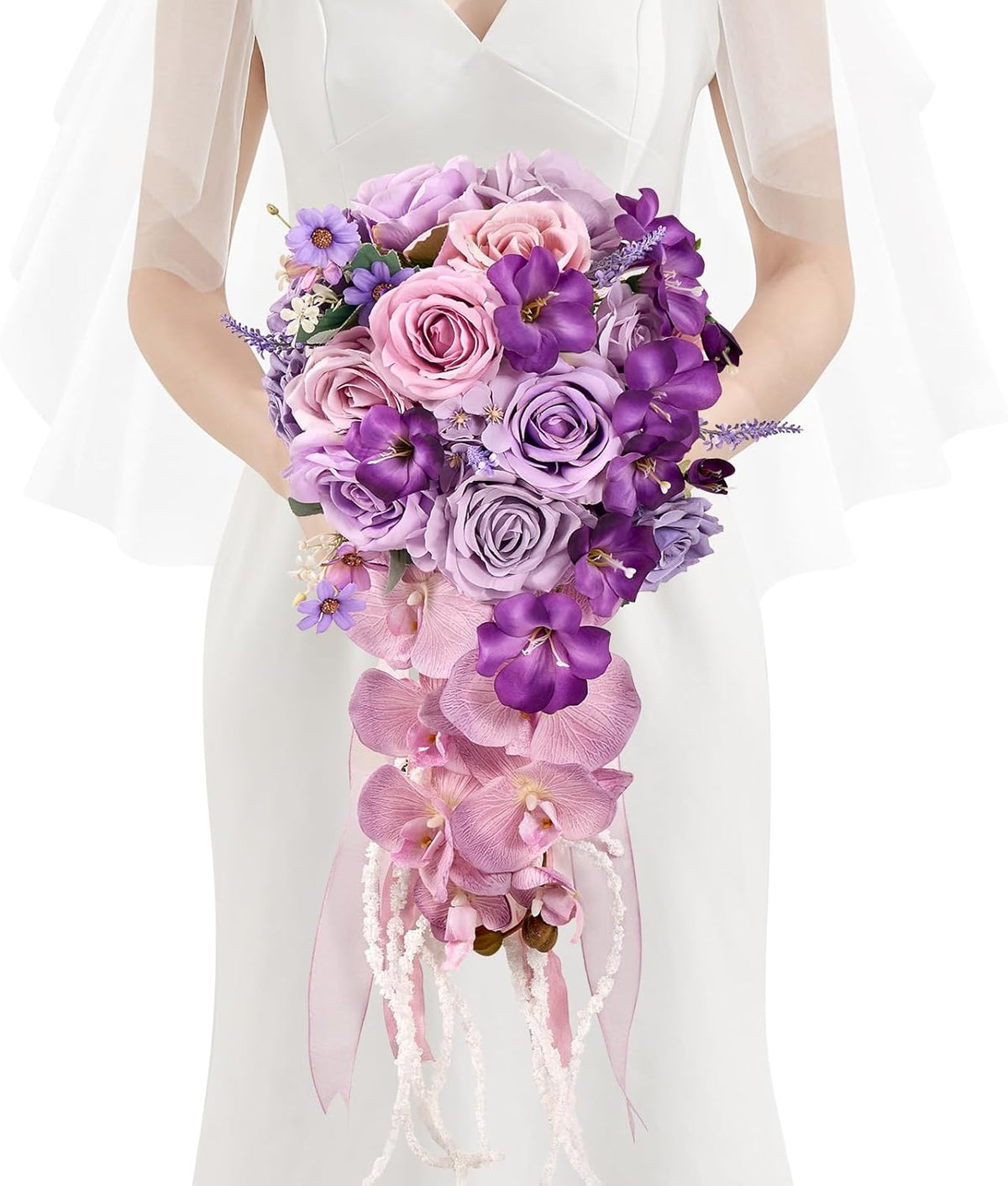 Serwalin 9.8in Wedding Bouquets for Bride, Boho Champagne Roses & Dahlia Flowers for Wedding Decoration