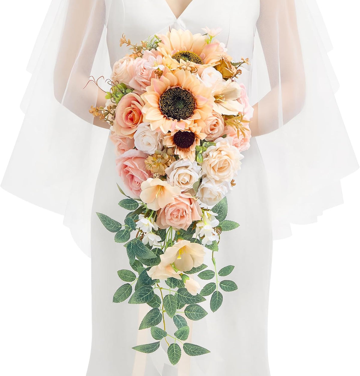 Serwalin 9.8in Wedding Bouquets for Bride, Boho Champagne Roses & Dahlia Flowers for Wedding Decoration