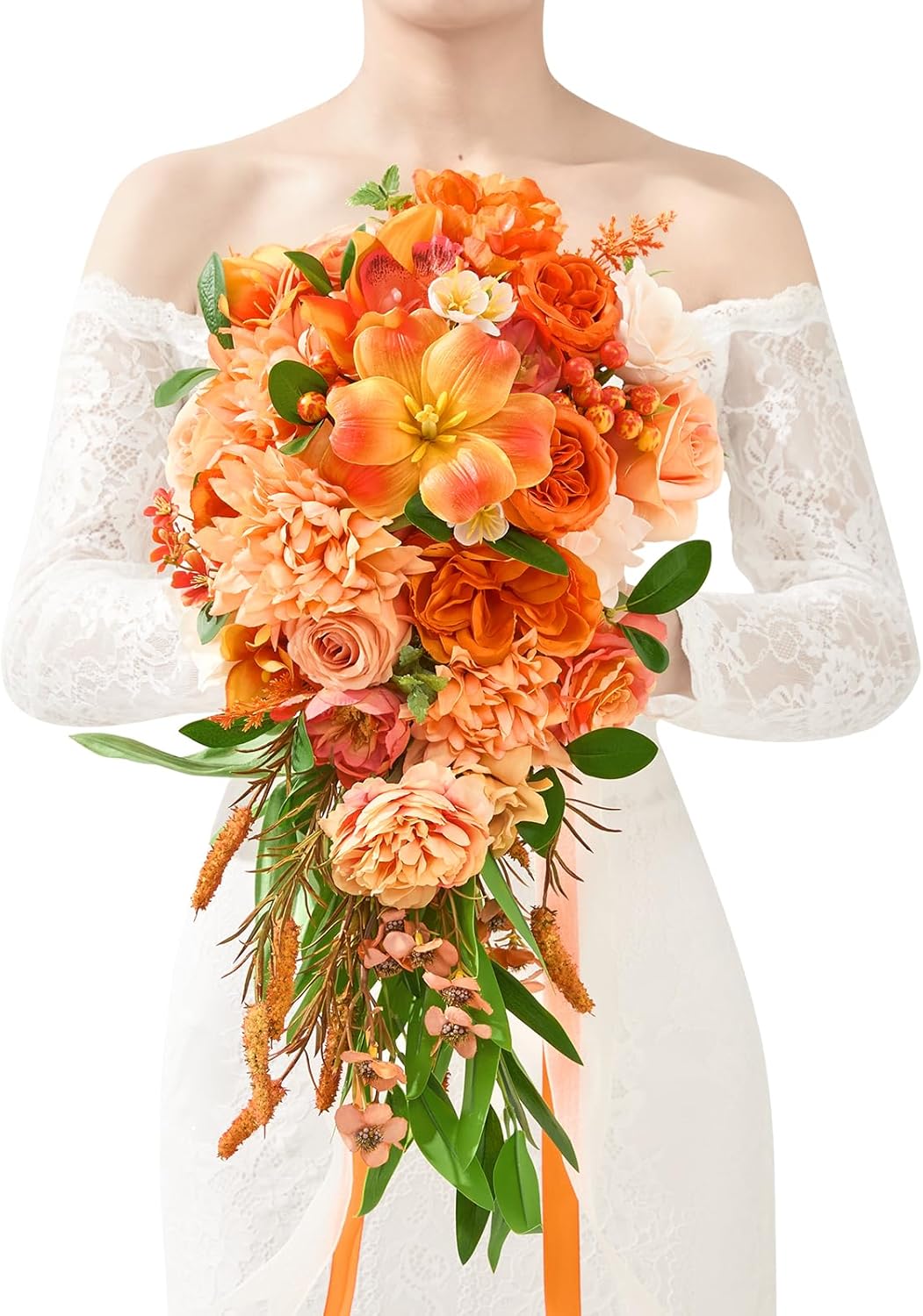 Serwalin 9.8in Wedding Bouquets for Bride, Boho Champagne Roses & Dahlia Flowers for Wedding Decoration
