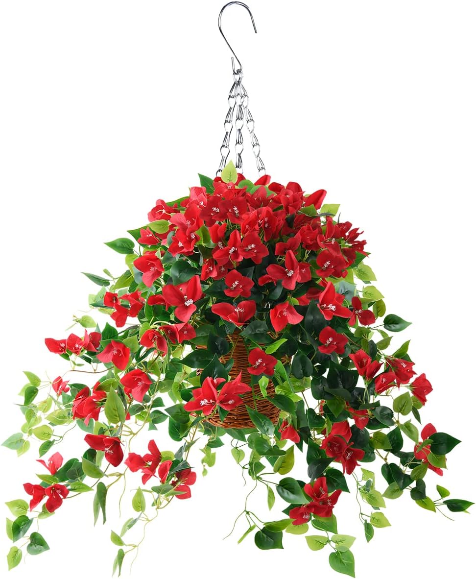 Homsunny Artificial Hanging Flowers Plants Basket for Outdoor Decoration,4 PCS Faux Silk Bougainvillea Vine Flowers Look Real UV Resistant for Outside Porch Patio Yard Garden Decor(Pink