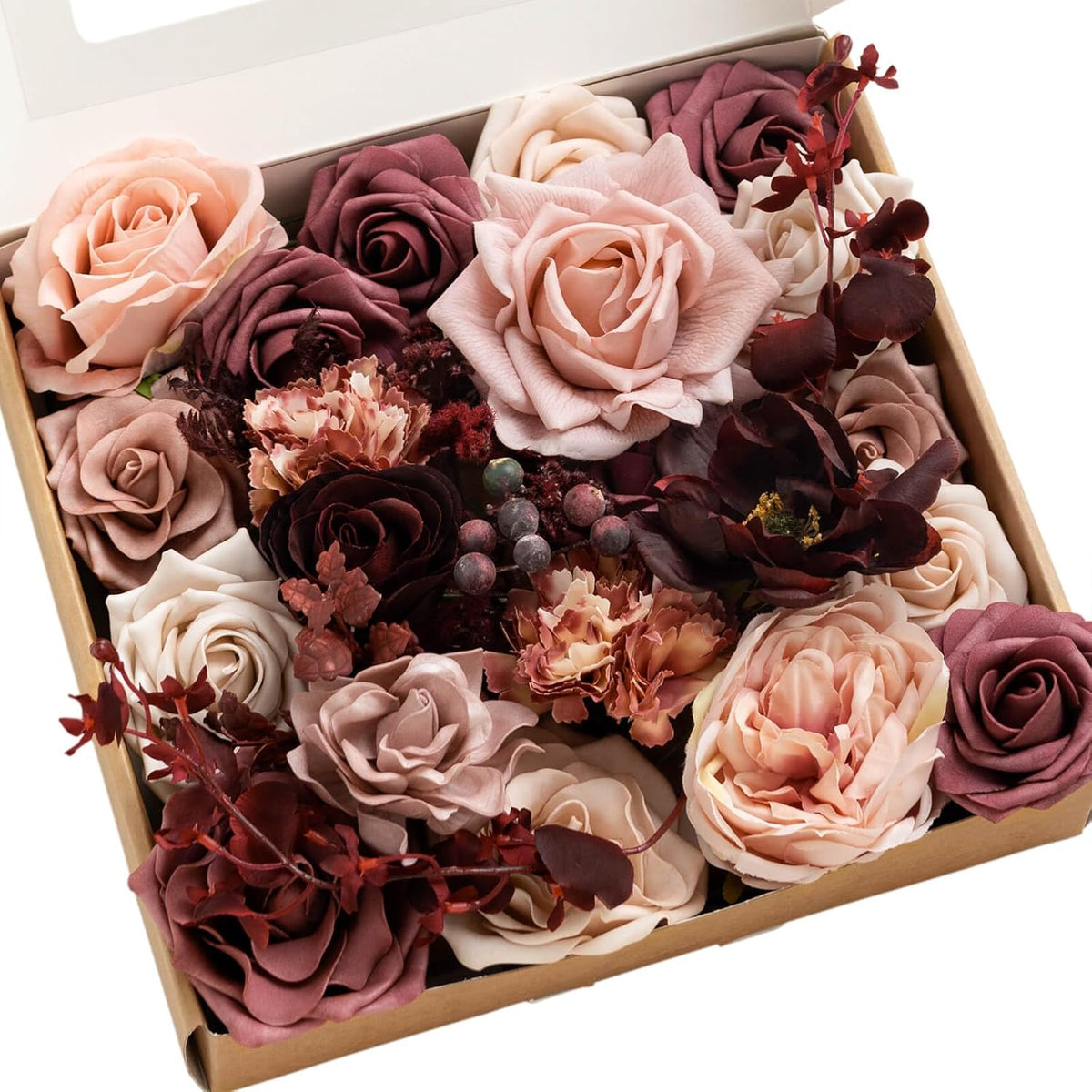 Ling's moment Fake Flowers Box, Faux Artificial Greenery Stems Foam Roses Dahlia Silk Peonies Eucalyptus Fabic Flower for Centerpieces Bouquet Wedding Vase, Dusty Rose & Burgundy, Deluxe Combo