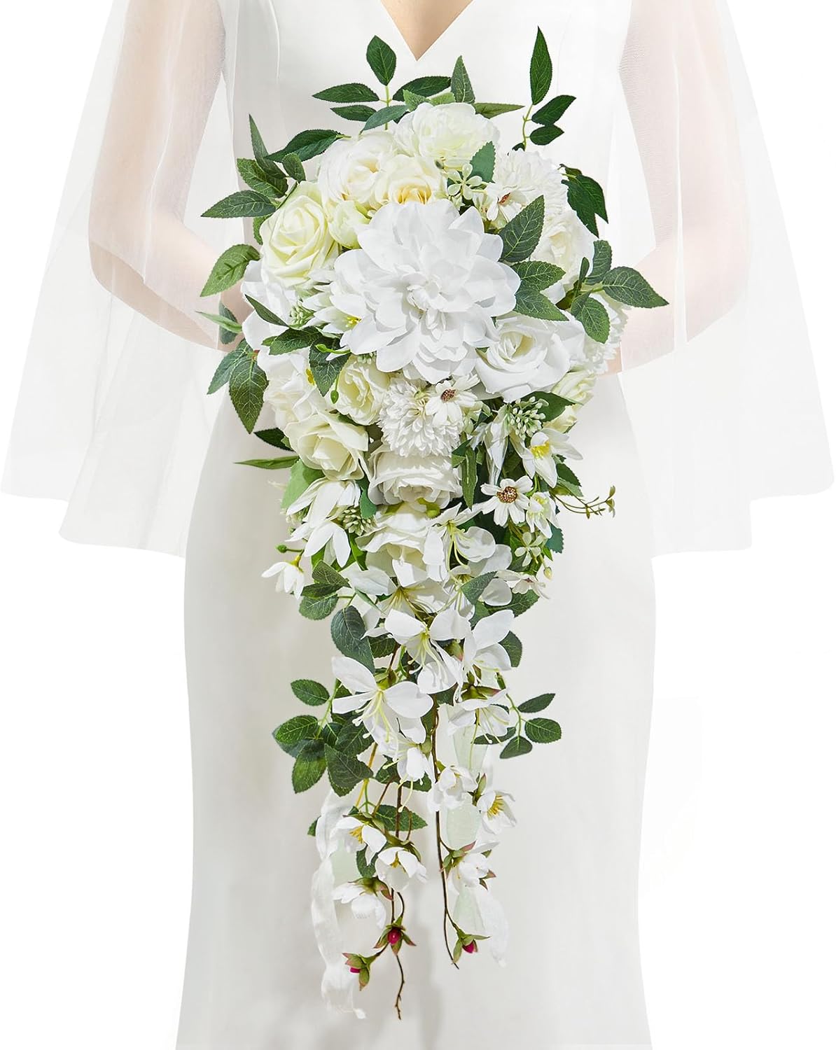 Serwalin 9.8in Wedding Bouquets for Bride, Boho Champagne Roses & Dahlia Flowers for Wedding Decoration