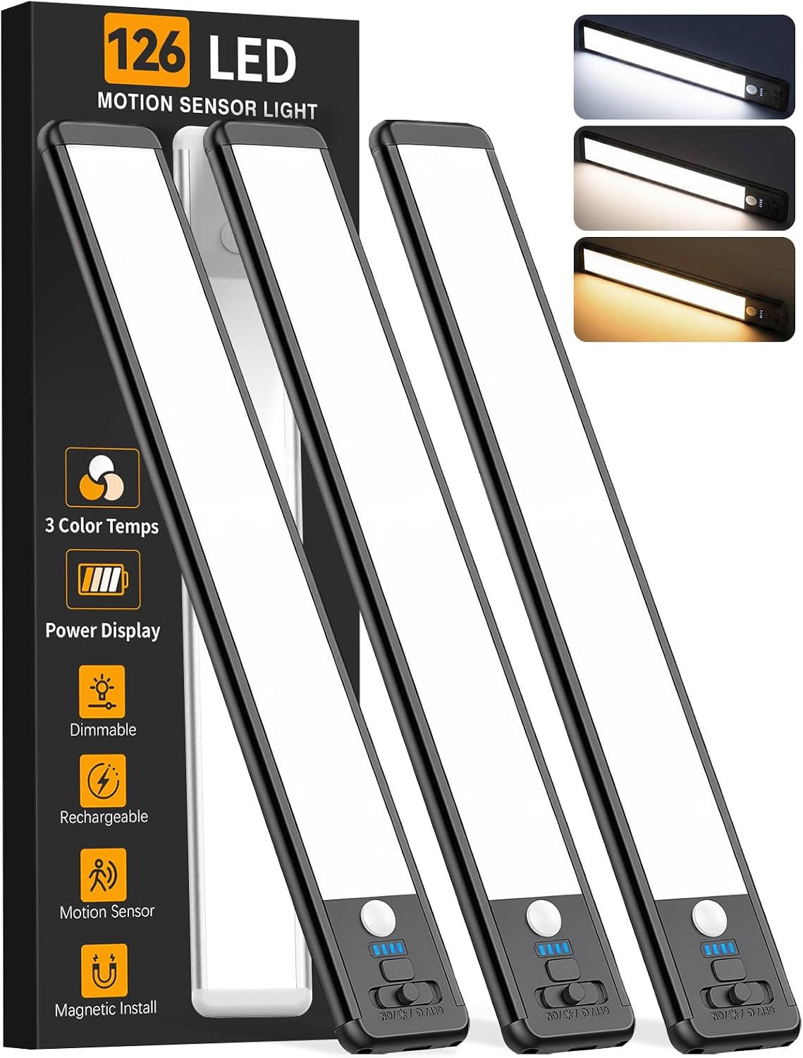 Wireless Under Cabinet Lighting - 10 Inch Motion Sensor LED Lights, 3-Pack