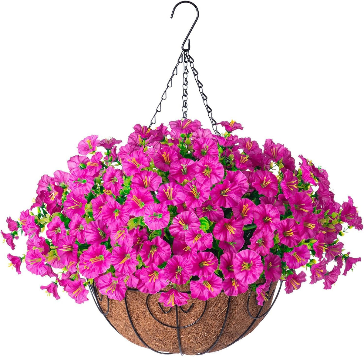 2 Set Artificial Hanging Flowers Baskets for Outdoors Faux Spring Plants, 24 Pcs UV Resistant Faux Silk White Morning Glory with 2 Outdoor Hanging Planters Realistic for Outside Porch Patio Decor