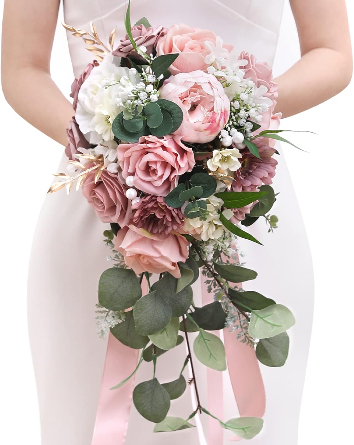 Serwalin 9.8in Wedding Bouquets for Bride, Boho Champagne Roses & Dahlia Flowers for Wedding Decoration