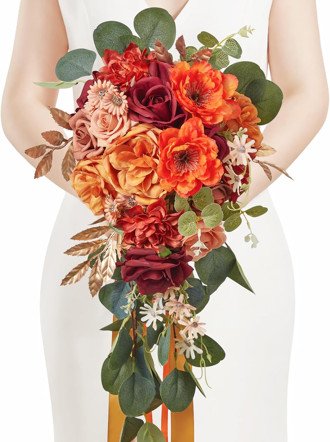 Serwalin 9.8in Wedding Bouquets for Bride, Boho Champagne Roses & Dahlia Flowers for Wedding Decoration