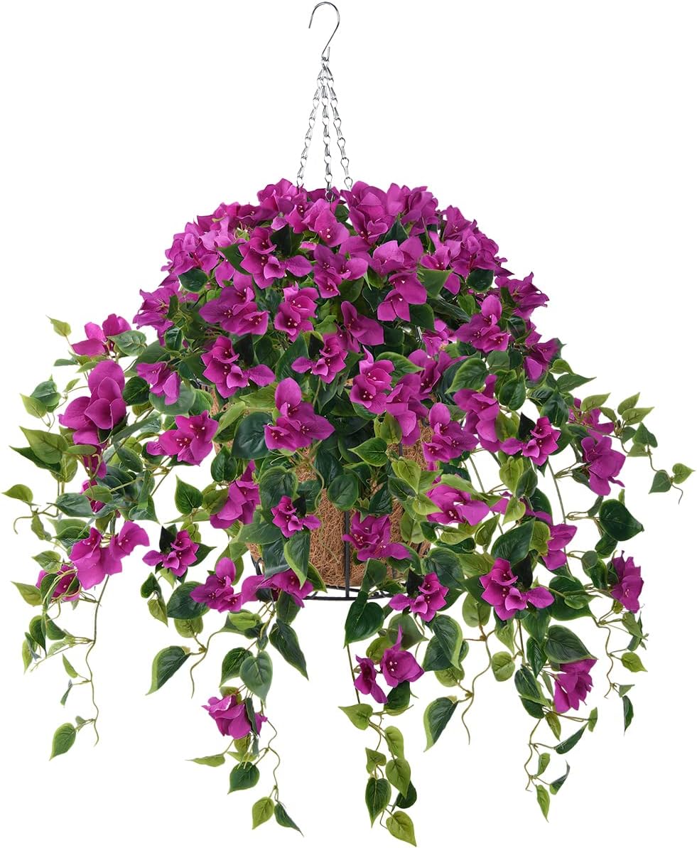 Homsunny Artificial Hanging Flowers Plants Basket for Outdoor Decoration,4 PCS Faux Silk Bougainvillea Vine Flowers Look Real UV Resistant for Outside Porch Patio Yard Garden Decor(Pink