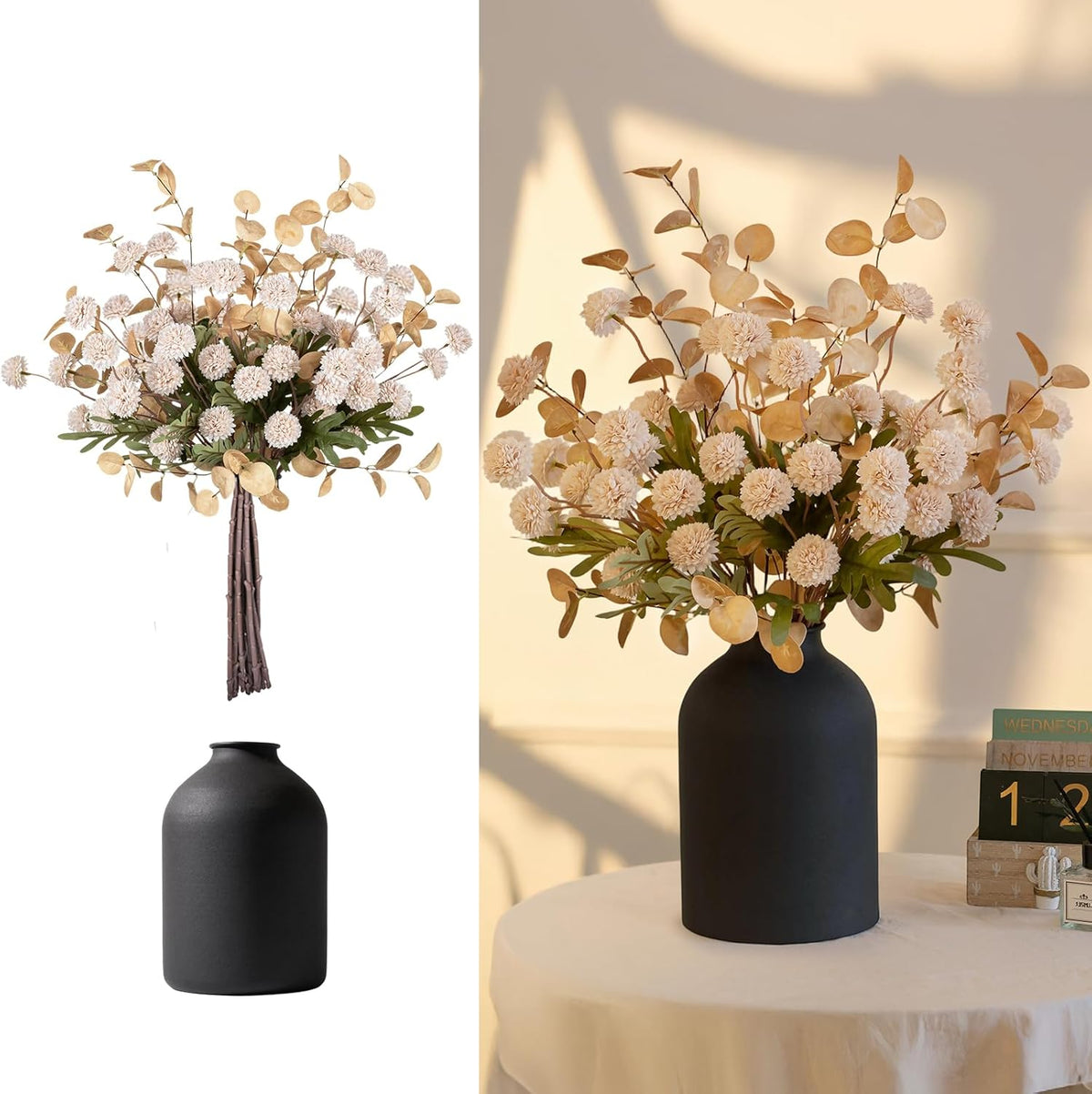 BLOSMON Fake Flowers in Vase for Centerpieces: Metal Vase with 12 Stems of Artificial Mums Kiku Flowers Eucalyptuses Home Table Decor - White Faux Pom Poms Floral Arrangements for Living Room