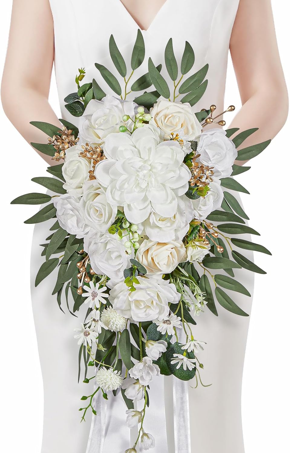 Serwalin 9.8in Wedding Bouquets for Bride, Boho Champagne Roses & Dahlia Flowers for Wedding Decoration