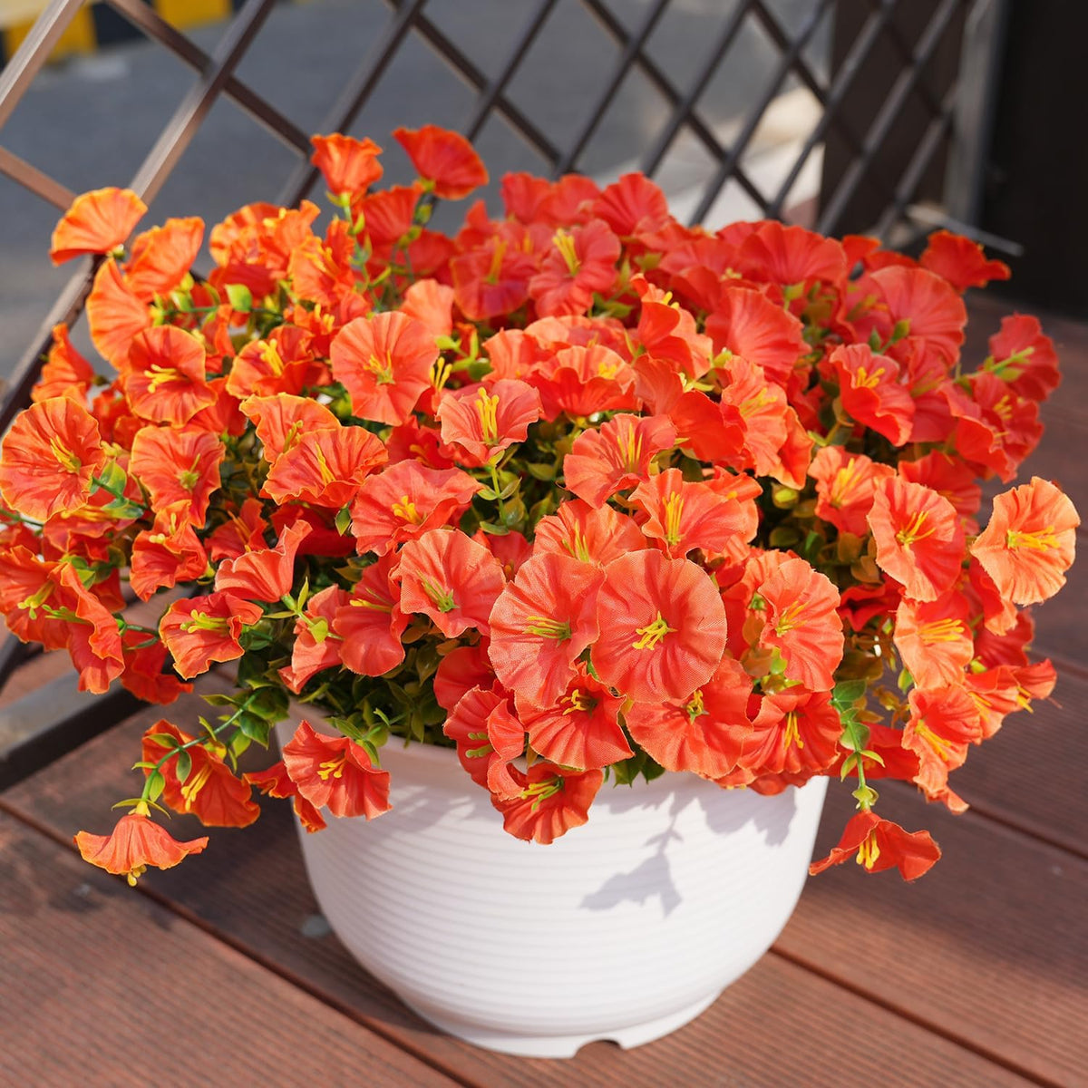 Artificial Flowers for Outdoors, UV Resistant Fake Silk Morning Glory, Realistic Faux Plants for Outside Porch Patio Window Box Hanging Planter (16, Purple Fuchsia Yellow Orange)