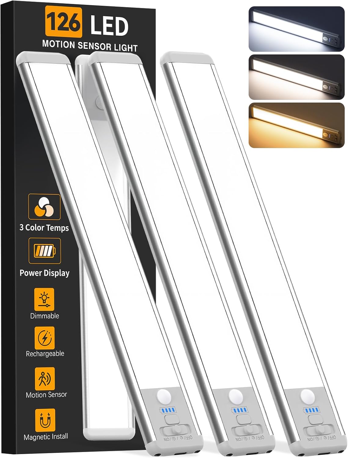 Wireless Under Cabinet Lighting - 10 Inch Motion Sensor LED Lights, 3-Pack