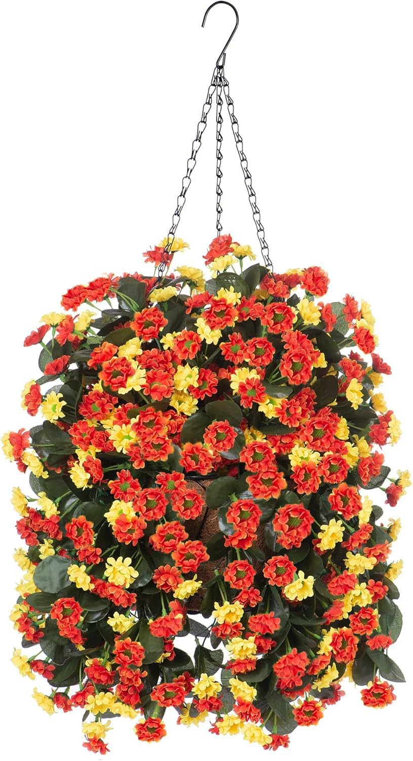 Artificial Flowers in Hanging Basket for Outdoors Spring Decor, Fake Mums Flowers Faux Plants with Basket for Indoors Home Porch Garden Yard Patio Decoration (Purple Pink)
