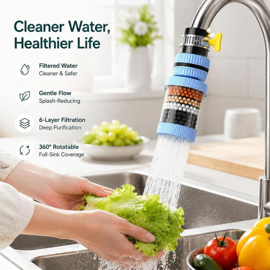 6 Layer Filtration Faucet Water Filter, 360 Degrees Rotatable Splash Free Purifier
