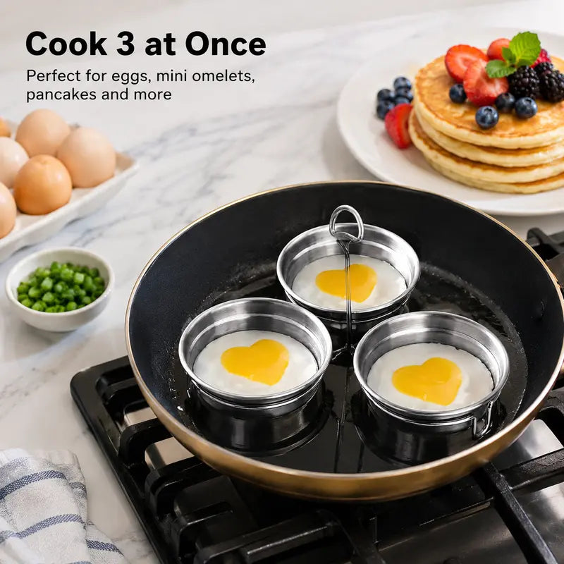 Stainless Steel Egg Poacher - 3 Cavity Steaming Mold with Handle for Kitchen