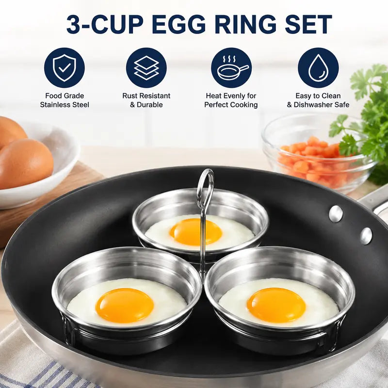 Stainless Steel Egg Poacher - 3 Cavity Steaming Mold with Handle for Kitchen