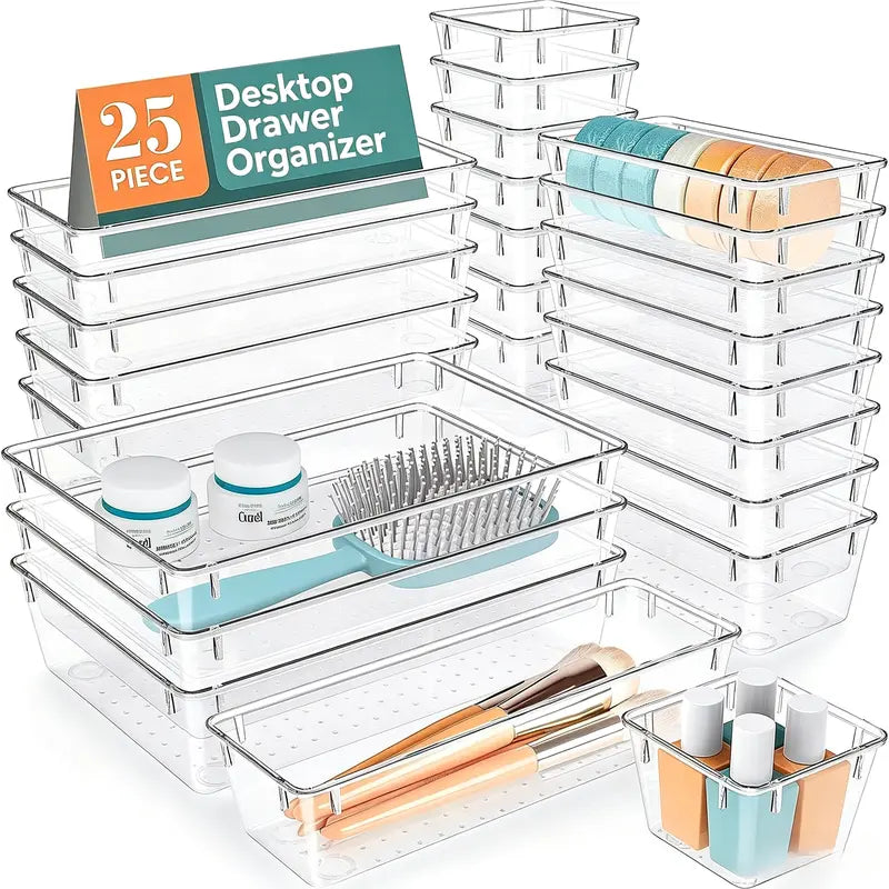 25 PCS Clear Plastic Drawer Organizer Set, 4 Sizes Versatile Storage Bins for Home and Office