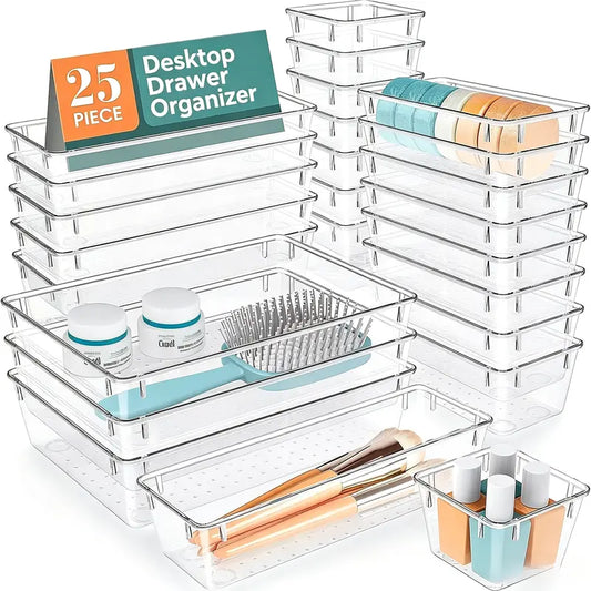 25 PCS Clear Plastic Drawer Organizer Set, 4 Sizes Versatile Storage Bins for Home and Office