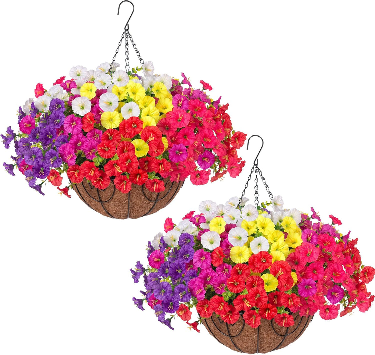 2 Set Artificial Hanging Flowers Baskets for Outdoors Faux Spring Plants, 24 Pcs UV Resistant Faux Silk White Morning Glory with 2 Outdoor Hanging Planters Realistic for Outside Porch Patio Decor