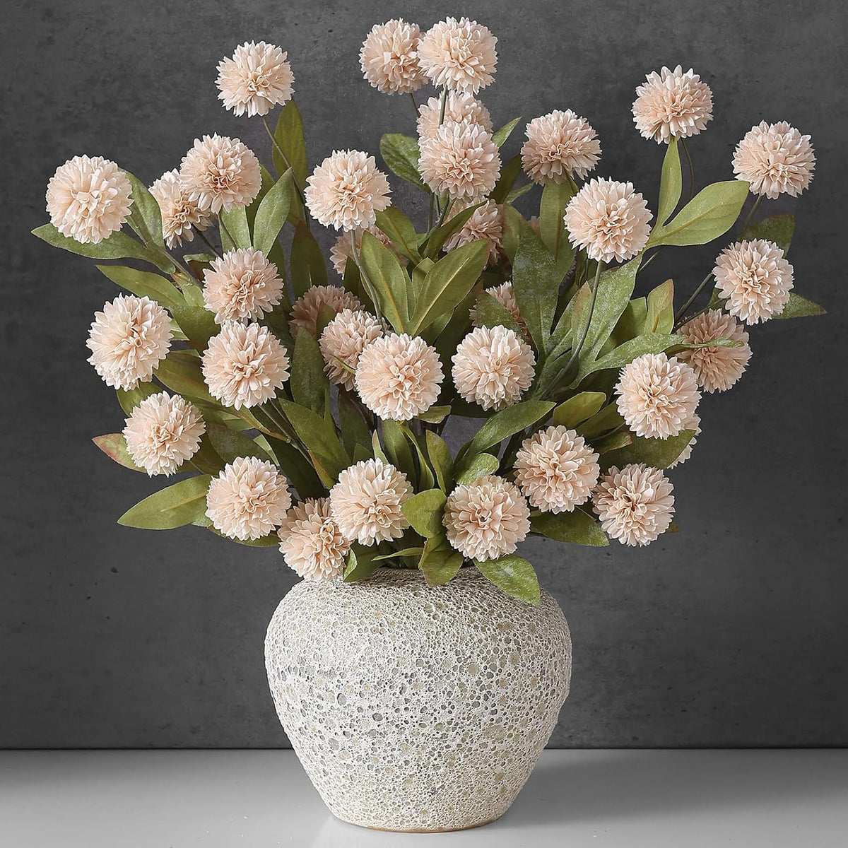 12 Pcs 27" Faux Silk Pompon Mum Artificial Flowers for Vase, Beige Bulk Fake Chrysanth Branches