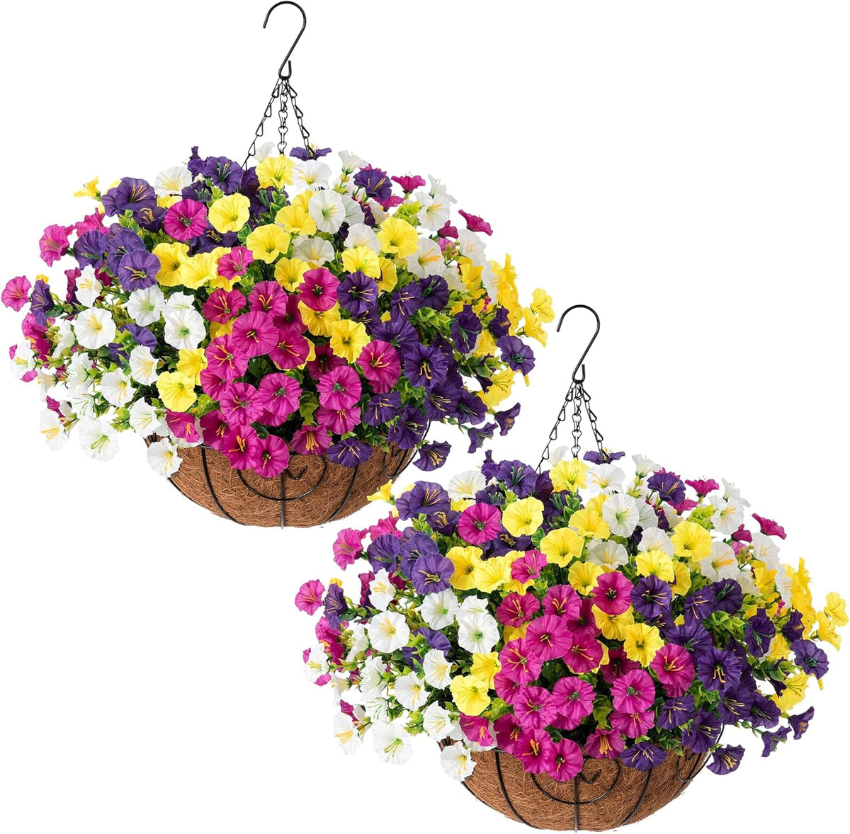 2 Set Artificial Hanging Flowers Baskets for Outdoors Faux Spring Plants, 24 Pcs UV Resistant Faux Silk White Morning Glory with 2 Outdoor Hanging Planters Realistic for Outside Porch Patio Decor