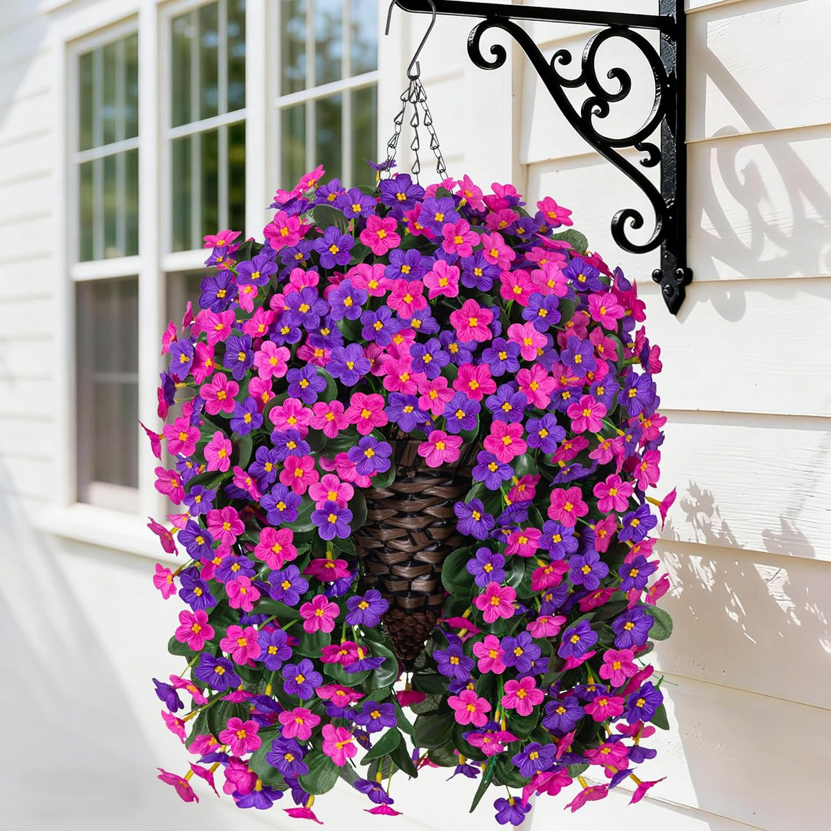 HyeFlora Artificial Faux Hanging Flowers Plants Basket for Outdoor Outside Porch Decoration, UV Resistant Fake Silk Purple Morning Glory Trailing Vines Realistic for Summer Home Balcony Yard Patio