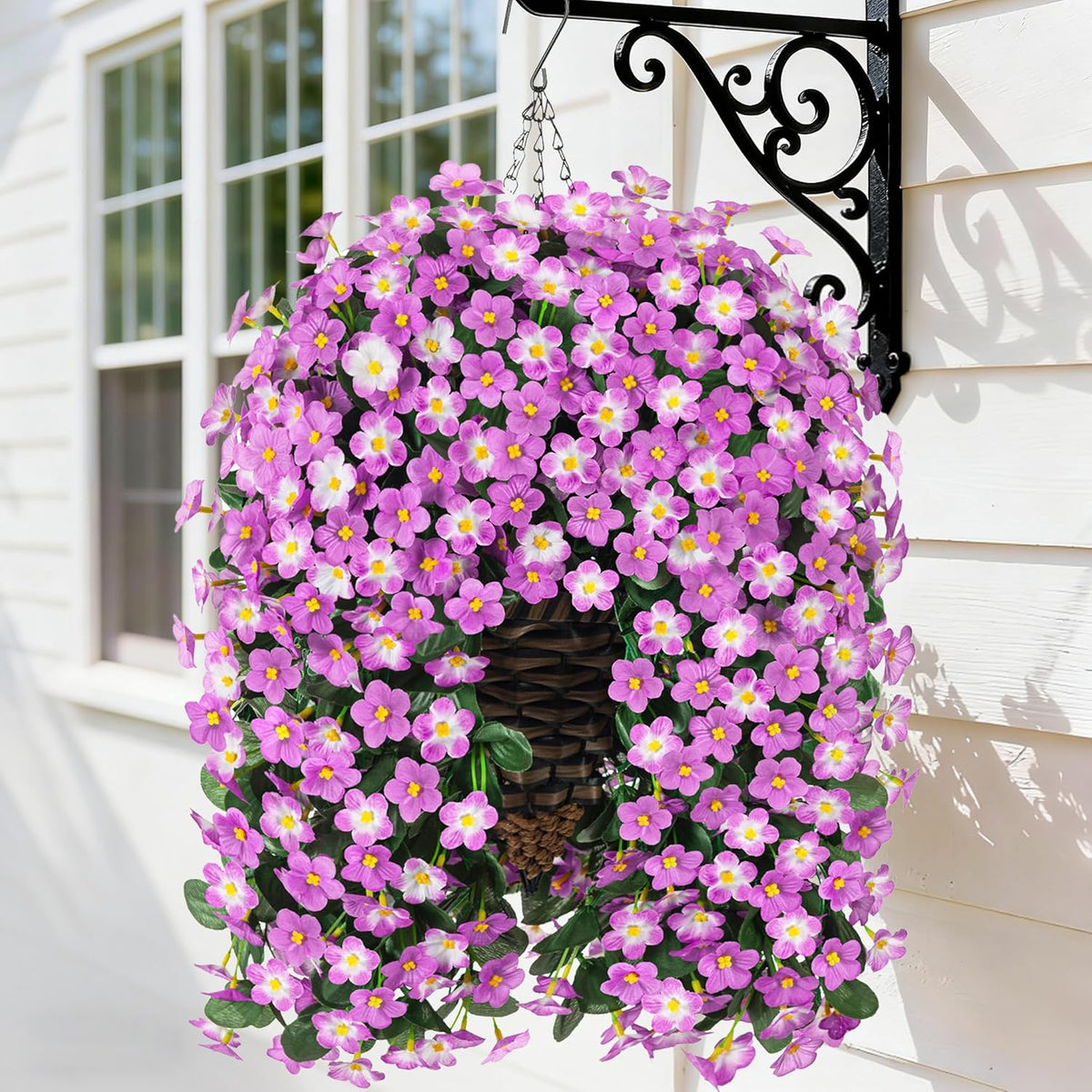 HyeFlora Artificial Faux Hanging Flowers Plants Basket for Outdoor Outside Porch Decoration, UV Resistant Fake Silk Purple Morning Glory Trailing Vines Realistic for Summer Home Balcony Yard Patio