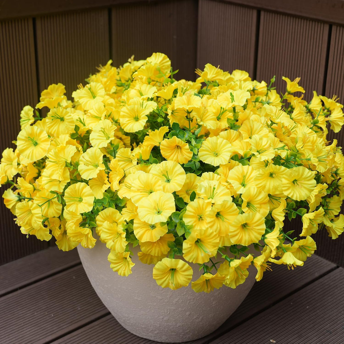 Artificial Flowers for Outdoors, UV Resistant Fake Silk Morning Glory, Realistic Faux Plants for Outside Porch Patio Window Box Hanging Planter (16, Purple Fuchsia Yellow Orange)