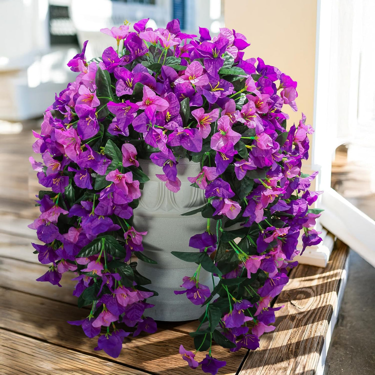 Faux Bougainvillea Artificial Flowers Plants for Outdoors Outside Decoration, 2 pcs Purple Fake Flowers UV Resistant Look Real Silk Long Trailing Vines for Front Door Porch Planter Urn Patio Garden