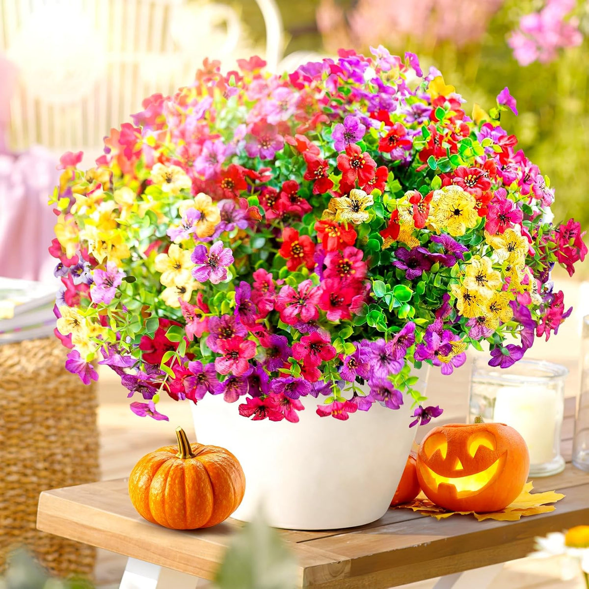 Artificial Flowers for Outdoors,Faux Flowers Daisy with Eucalyptus Leaves for Indoor Garden Home Decoration,UV Resistant Artificial Flower Fake Plants for Porch Patio, 12 Bundles (6 Multicolor)