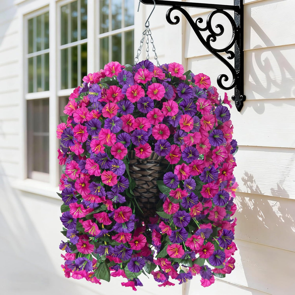 HyeFlora Artificial Faux Hanging Flowers Plants Basket for Outdoor Outside Porch Decoration, UV Resistant Fake Silk Purple Morning Glory Trailing Vines Realistic for Summer Home Balcony Yard Patio