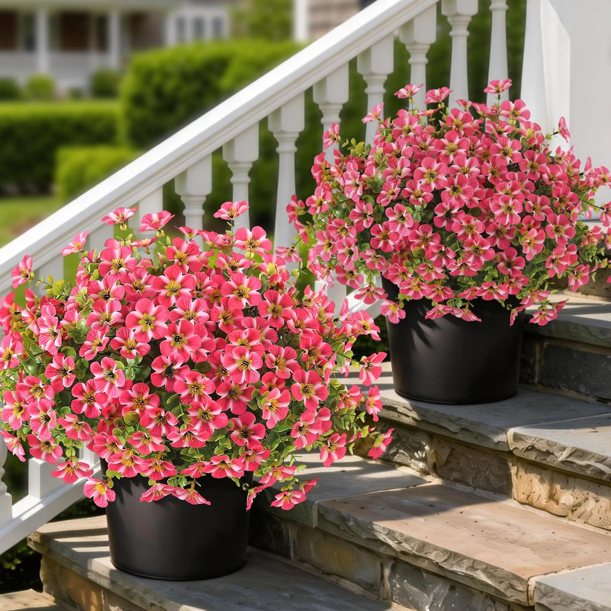 2 Set of Artificial Morning Glory & Eucalyptus Topiary Trees - Faux Silk Flower Potted Plants, UV-Resistant Fake Outdoor Morning Glory Bushes for Front Door, Farmhouse, Garden Decor (Mixed Color)