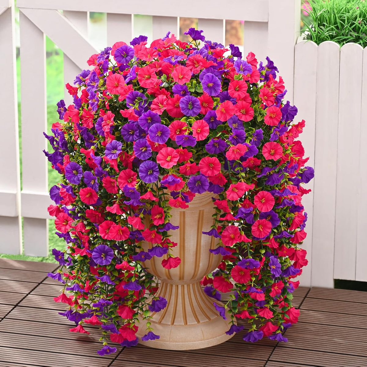 Dolicer 4 Packs Look Real Artificial Flowers for Outdoors, Fake Artificial Hanging Flowers for Outdoors Realistic UV Resistant Hanging Flowers Silk Petunia Faux Flowers for Porch Patio(Purple+Fuchsia)