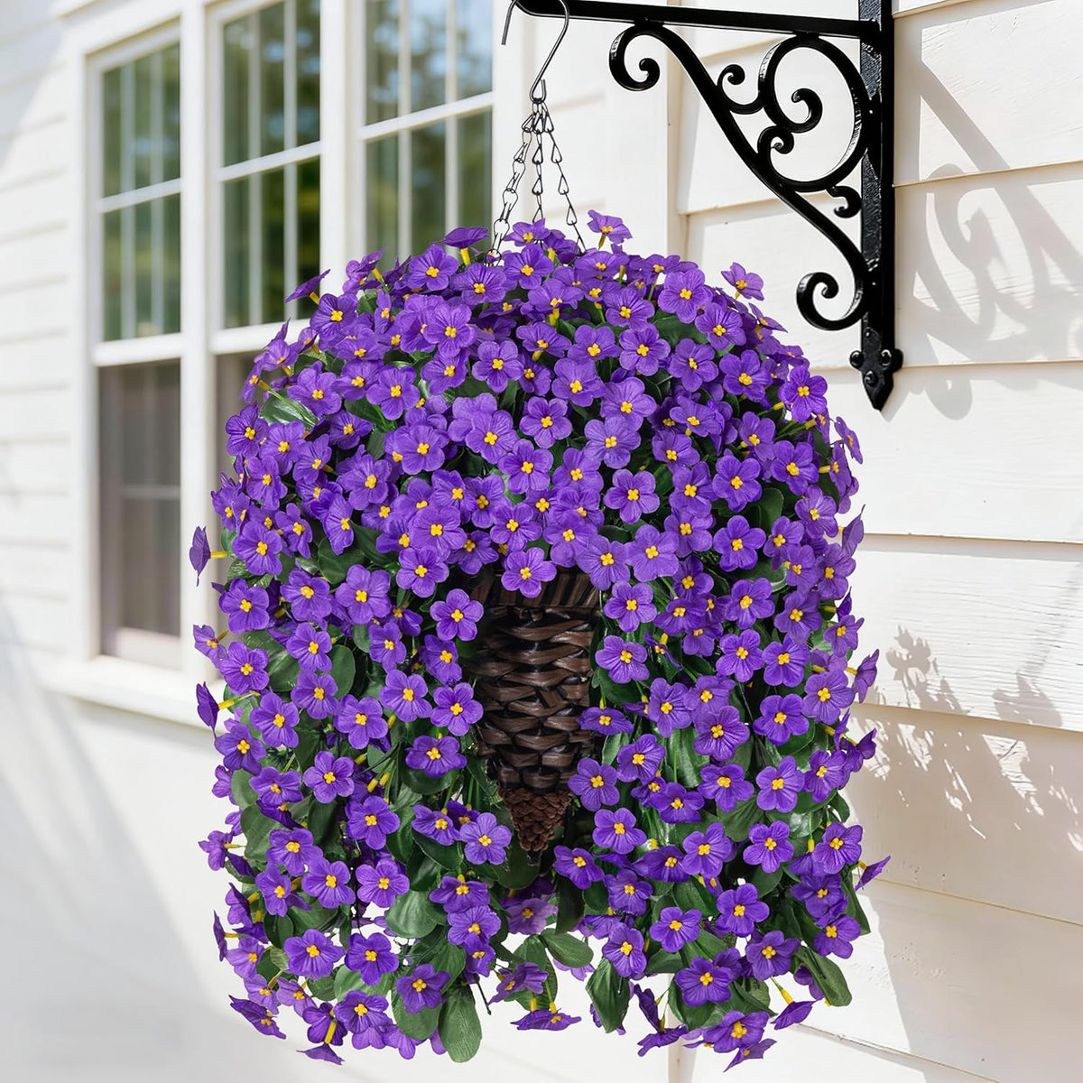 HyeFlora Artificial Faux Hanging Flowers Plants Basket for Outdoor Outside Porch Decoration, UV Resistant Fake Silk Purple Morning Glory Trailing Vines Realistic for Summer Home Balcony Yard Patio