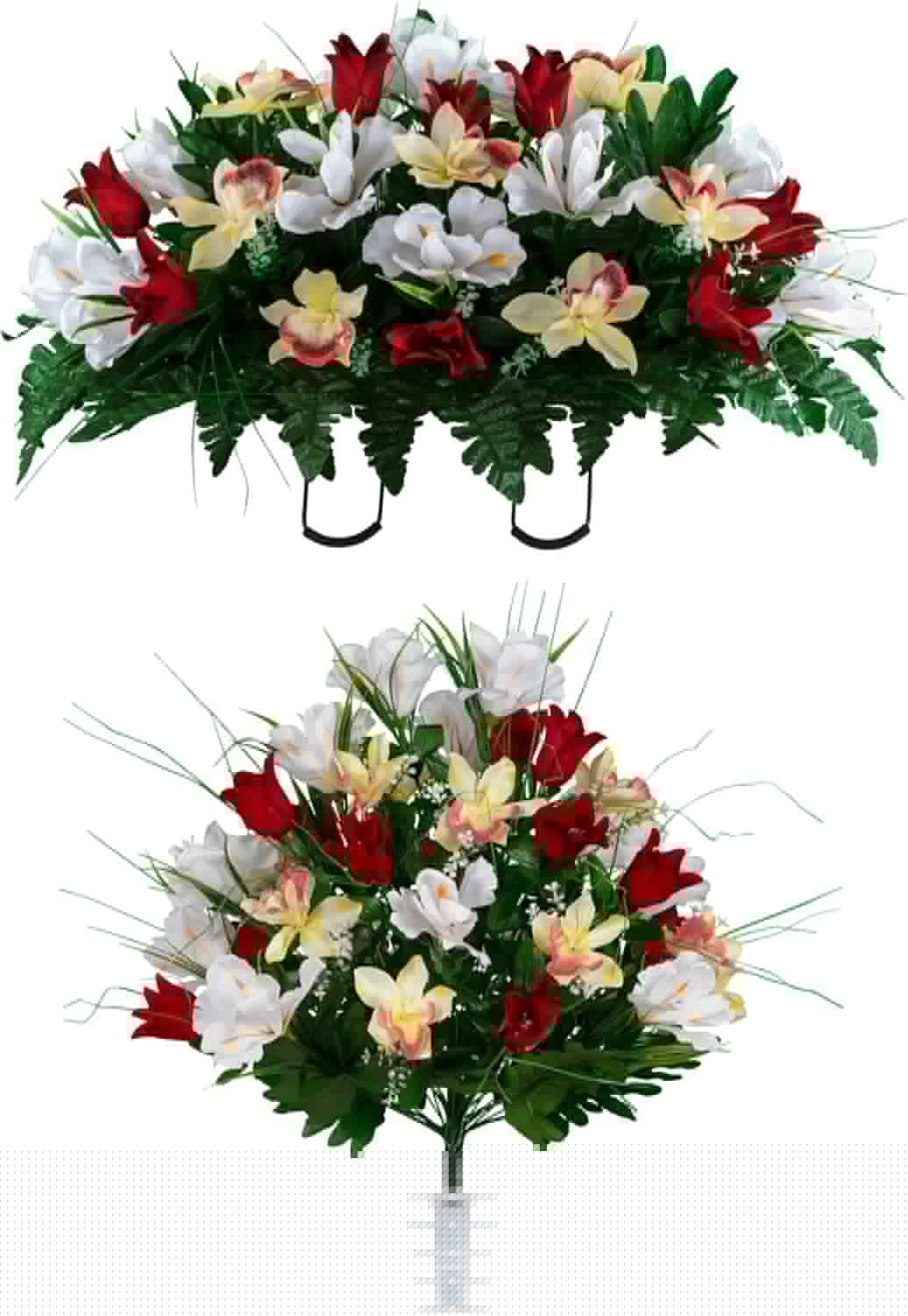 Sympathy Silks Ruby's Silk Flowers Artificial Flowers - Weighted Pot Bouquet Decoration - Height 18"-20" - Red Tulip and White Iris Potted Flowers