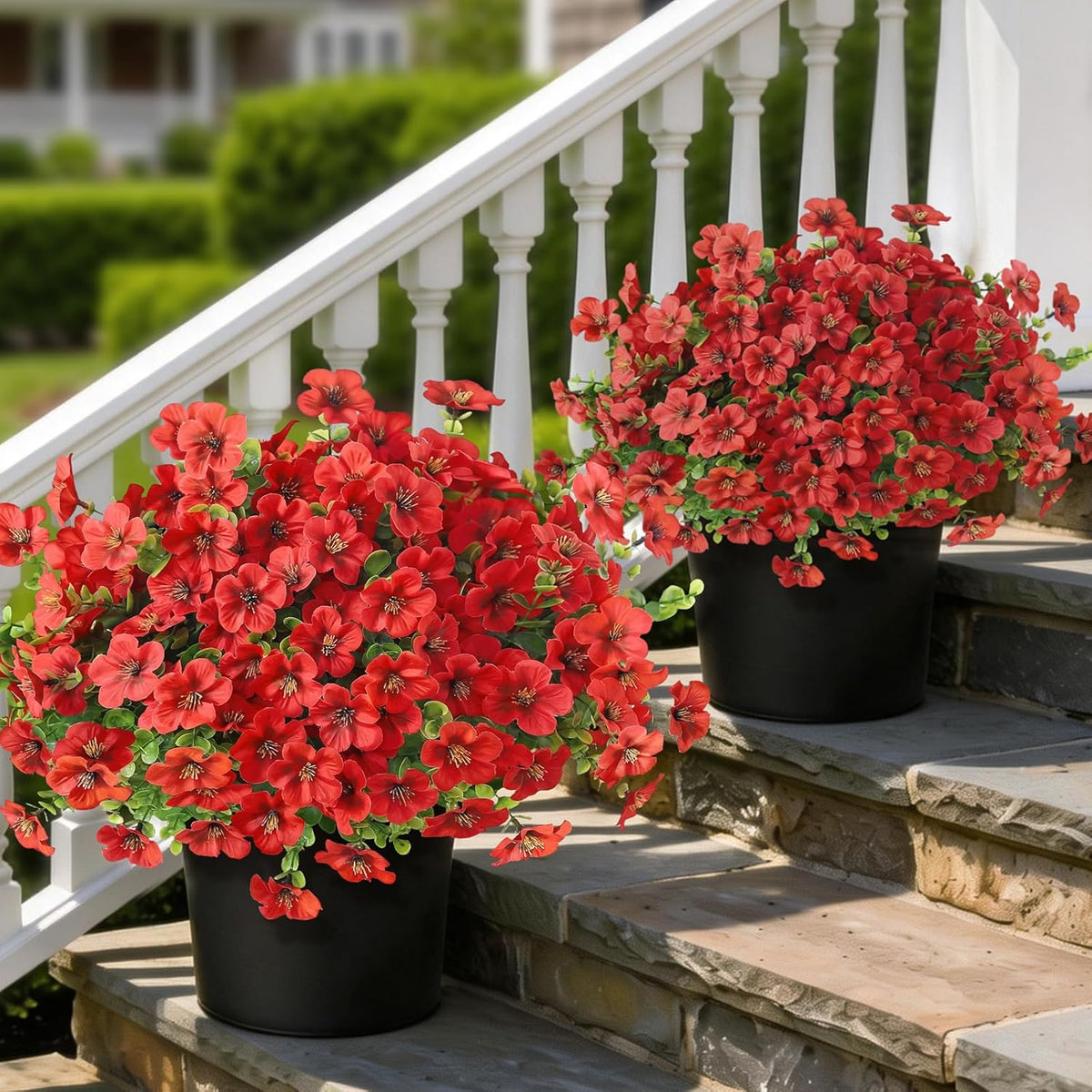 2 Set of Artificial Morning Glory & Eucalyptus Topiary Trees - Faux Silk Flower Potted Plants, UV-Resistant Fake Outdoor Morning Glory Bushes for Front Door, Farmhouse, Garden Decor (Mixed Color)