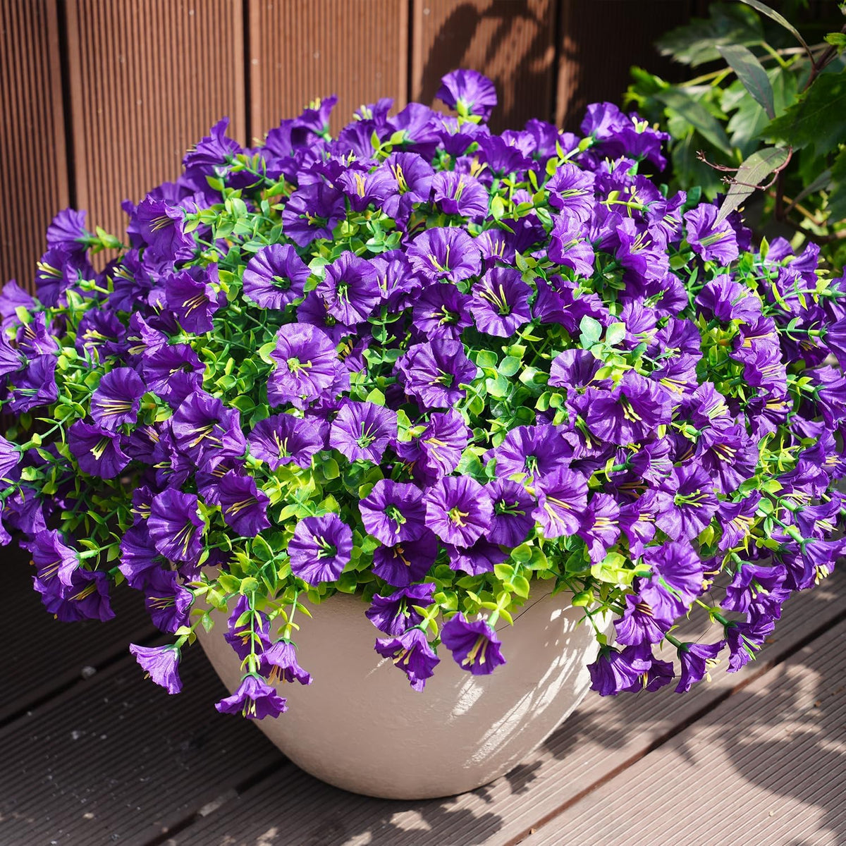 Artificial Flowers for Outdoors, UV Resistant Fake Silk Morning Glory, Realistic Faux Plants for Outside Porch Patio Window Box Hanging Planter (16, Purple Fuchsia Yellow Orange)
