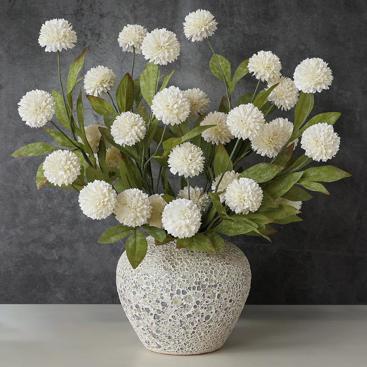 12 Pcs 27" Faux Silk Pompon Mum Artificial Flowers for Vase, Beige Bulk Fake Chrysanth Branches