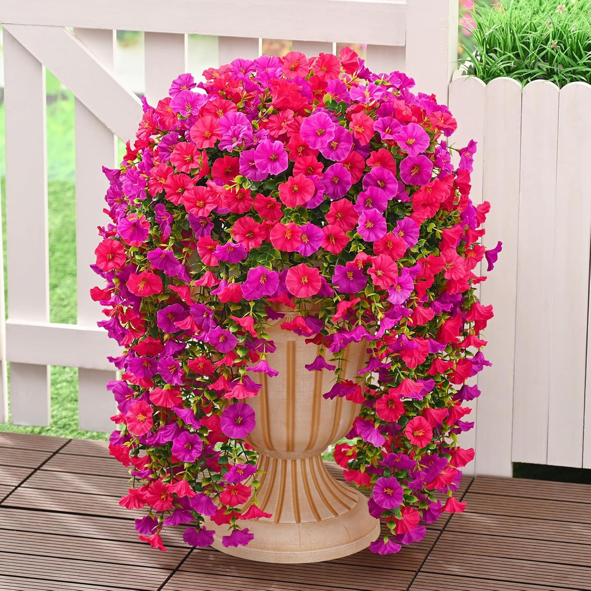 Dolicer 4 Packs Look Real Artificial Flowers for Outdoors, Fake Artificial Hanging Flowers for Outdoors Realistic UV Resistant Hanging Flowers Silk Petunia Faux Flowers for Porch Patio(Purple+Fuchsia)