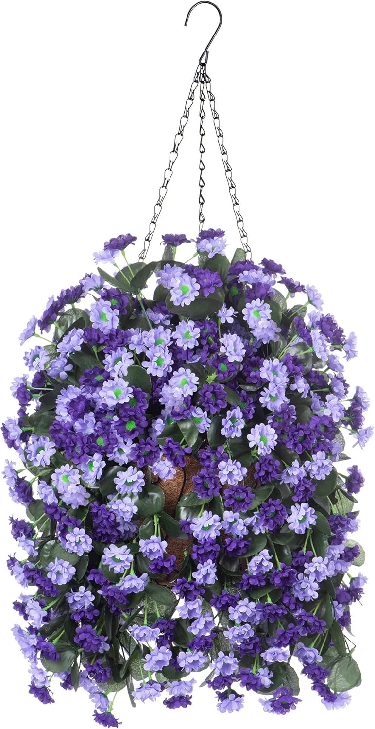 Artificial Flowers in Hanging Basket for Outdoors Spring Decor, Fake Mums Flowers Faux Plants with Basket for Indoors Home Porch Garden Yard Patio Decoration (Purple Pink)
